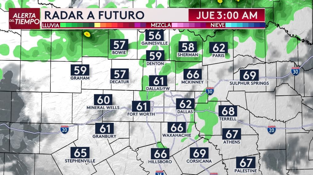 <h3 class="cms-H3-H3">La actividad comenzaría a disminuir hacia la madrugad</h3>a Para las 3 de la madrugada del jueves, los modelos indican que 
<b>la mayor parte de las tormentas comenzaría a desplazarse hacia el este de nuestra región. </b>
<br>En el área de Dallas - Fort Worth solo quedarían 
<b>lluvias dispersas en algunos sectores.</b>
<br>A medida que el sistema avance, 
<b>el riesgo de tormentas severas disminuiría gradualmente durante la madrugada.</b> 
<br>Sin embargo, algunas áreas aún podrían registrar 
<b>lluvia ligera antes de que el tiempo mejore más tarde el jueves.</b>