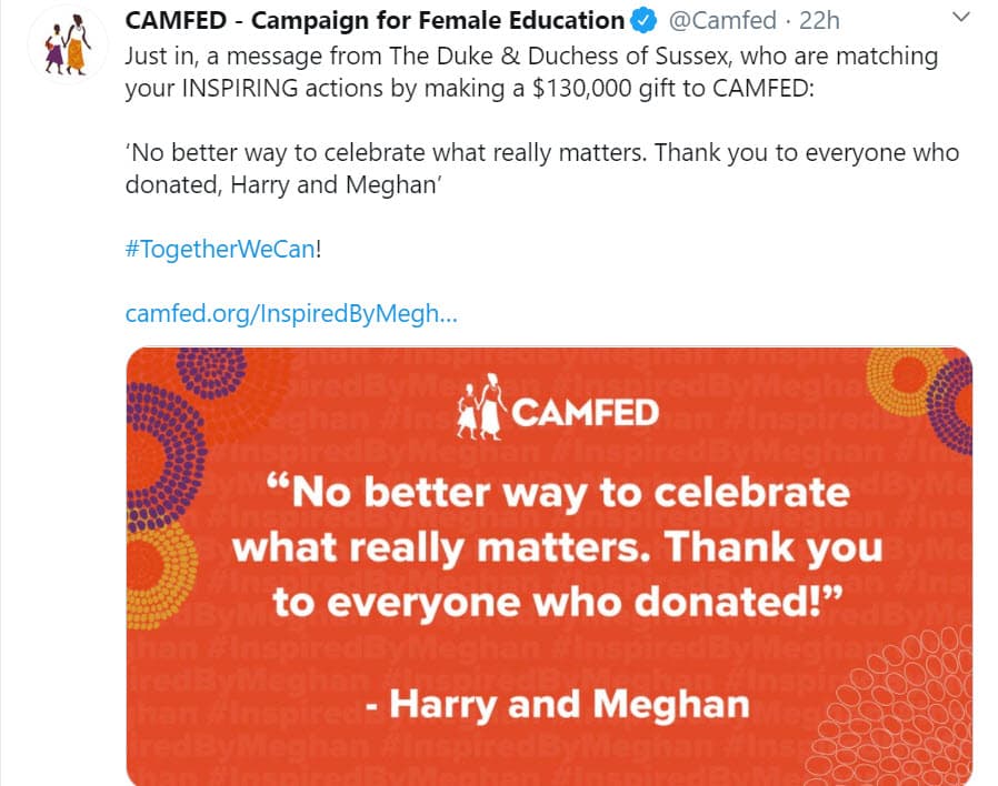 "
<b><a href="https://www.univision.com/famosos/meghan-markle-y-el-principe-harry-celebran-2-anos-de-matrimonio-con-adele-cantandoles-al-oido-video" target="_blank">No hay mejor manera de celebrar</a></b> lo que realmente importa. Gracias a todos los que donaron, Harry y Meghan".