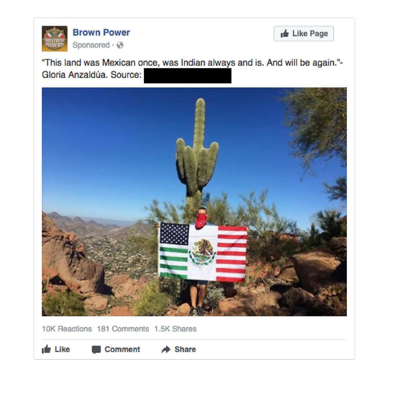 <b>Anuncio 2558.</b> “Esta tierra fue mexicana alguna vez, fue indígena y siempre lo ha sido. Y lo será otra vez. Gloria Anzaladúa”.
<br>
<b>Costo:</b> 200 rublos (3.21 dólares).