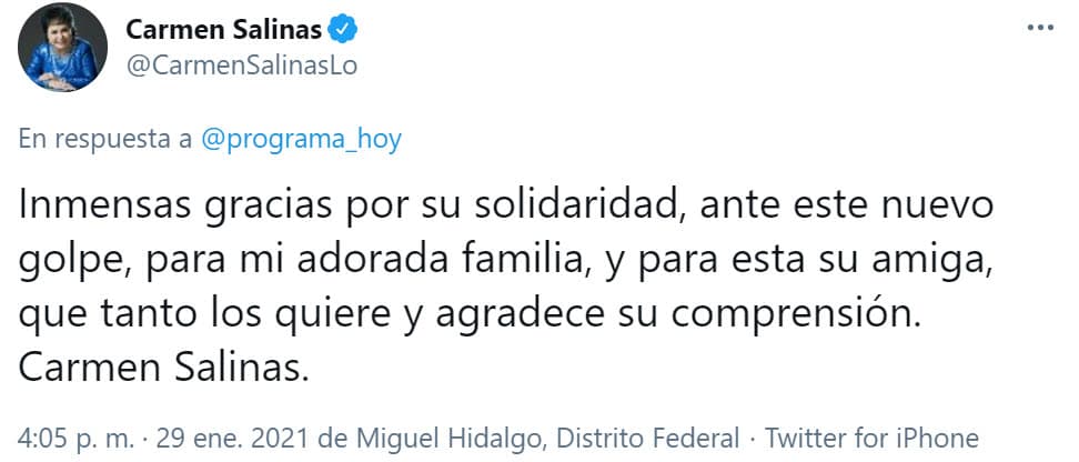 Un año después, este 29 de enero, la primera actriz confirmó que falleció.
<br>