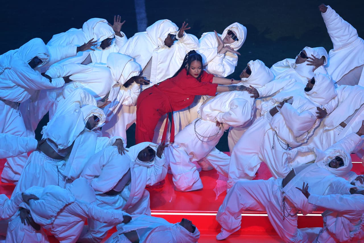 GLENDALE, ARIZONA - FEBRUARY 12: Rihanna performs onstage during the Apple Music Super Bowl LVII Halftime Show at State Farm Stadium on February 12, 2023 in Glendale, Arizona. (Photo by Rob Carr/Getty Images)