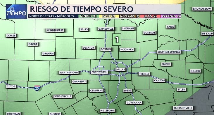 Debido a la posibilidad de lluvias y algunas tormentas aisladas, gran parte del norte de Texas 
<b>se encuentra actualmente en un nivel 1</b>, de una escala de 1 a 5, 
<b>de riesgo por tiempo severo.</b>