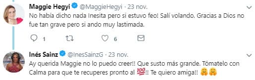 "Mi querida Maggie no tenía idea. Gracias a Dios estás bien cuídate mucho", publicó Inés. Maggie contestó el comentario de su excompañera de trabajo.