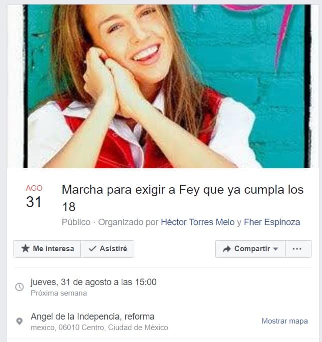 Fey, la cantante de pop mexicano, fue popular en la década de 1990. Varios años después confesó que había engañado a sus seguidores disminuyéndose la edad para poder llegar a un mercado más juvenil. Esa estrategia de mercado no se la perdonan y ahora proponen marcha para que ya cumpla la mayoría de edad en México, pues ha retomado su carrera musical.