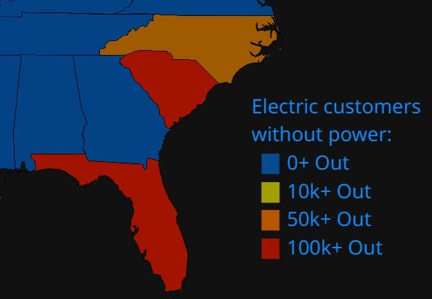 Florida y las Carolinas son los más áfectados por los cortes al suministro eléctrico.