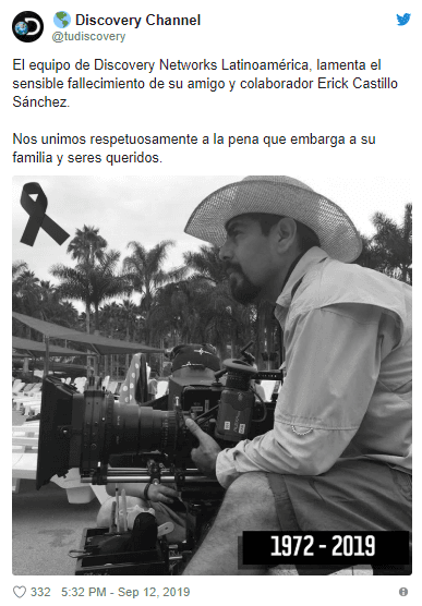 Discovery Channel lamentó la muerte del fotógrafo desde Twitter: “El equipo de Discovery Networks Latinoamérica, lamenta el sensible fallecimiento de su amigo y colaborador Erick Castillo Sánchez. Nos unimos respetuosamente a la pena que embarga a su familia y seres queridos”.