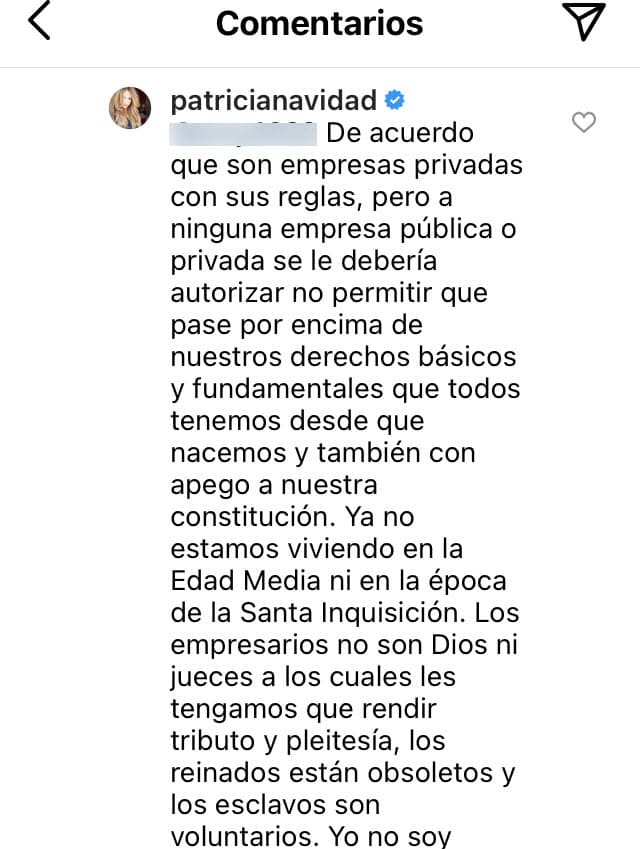 En su respuesta, la actriz de
<b>Cañaveral de Pasiones</b> estuvo de acuerdo, pero alegó que a "ninguna empresa pública o privada se le debería permitir o autorizar que pase por nuestros derechos básicos y fundamentales".