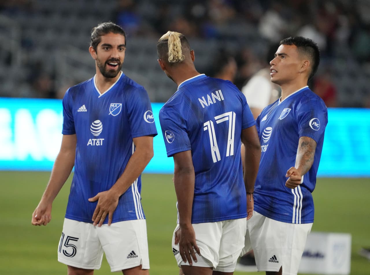 Aug 24, 2021; Los Angeles, CA, USA; MLS All-Stars midfielder Rodolfo Pizarro (15) and MLS All-Stars forward Nani (17) react in the crossbar challenge during the MLS All-Star Skills Challenge at Banc of California Stadium. Mandatory Credit: Kirby Lee-USA TODAY Sports