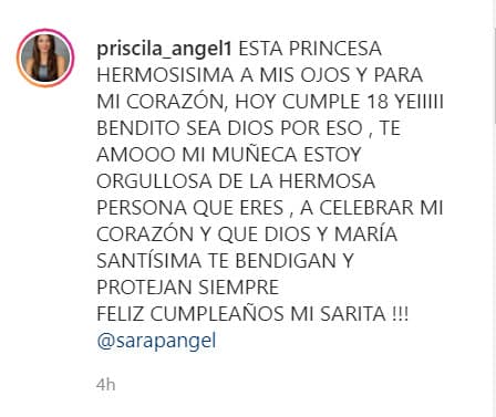 "Esta princesa hermosísima a mis ojos y para mi corazón, hoy cumple 18. Bendito sea Dios por eso, te amo, mi muñeca, estoy orgullosa de la hermosa persona que eres. A celebrar mi corazón y que Dios y María Santísima te bendigan y protejan siempre. ¡Feliz cumpleaños mi Sarita!", le escribió.