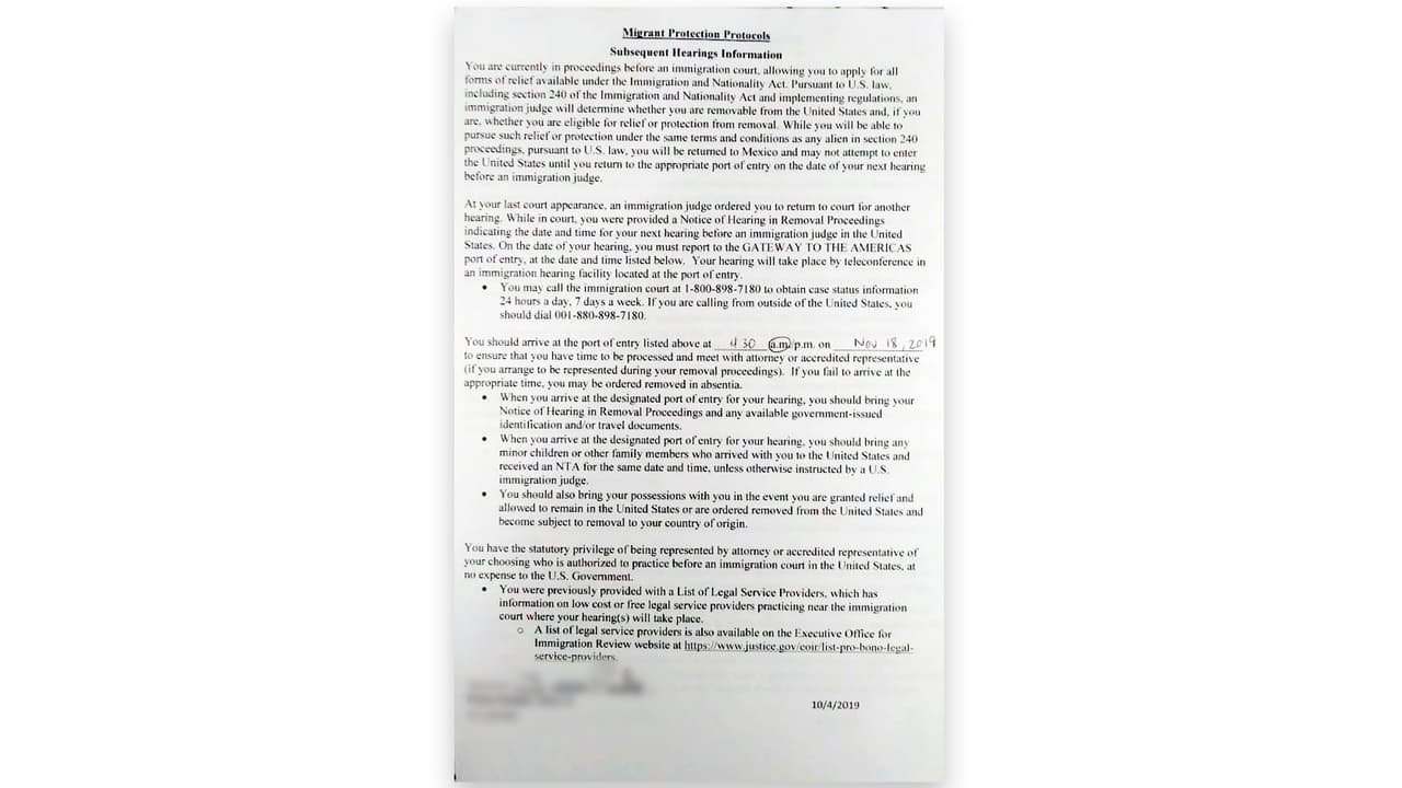 Citación falsa otorgada por la Patrulla Fronteriza a J. para poder devolverlo a México a pesar de que su caso ya había sido decidido por un juez.