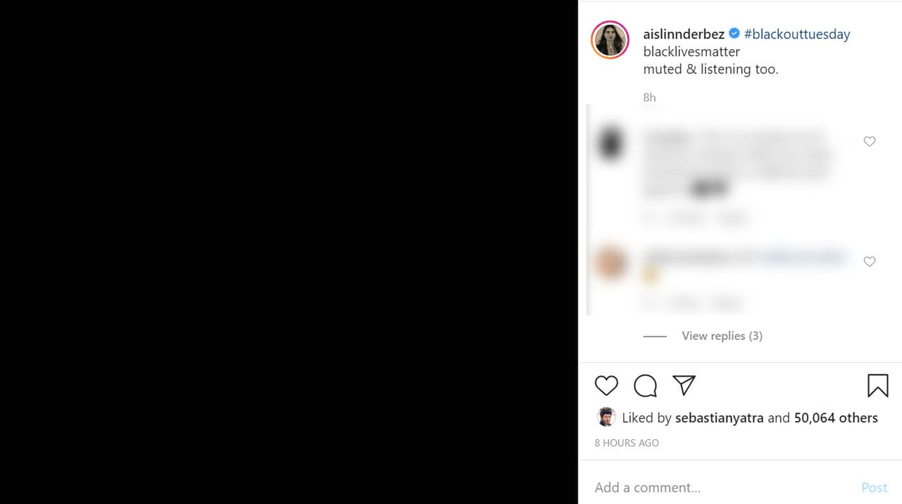 <b><a href="https://www.instagram.com/p/CA7CIMnBsHU/" target="_blank">Aislinn Derbez </a></b>se unió en contra del racismo y los abusos policiales: "Silenciada y escuchando".