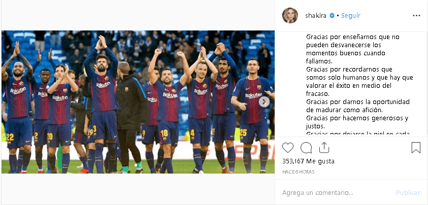 “Gracias Barça. Por regalarnos tantas alegrías, por una temporada impresionante”, expresó la intérprete del famoso
<b> <a href="https://www.youtube.com/watch?v=dzsuE5ugxf4" target="_blank">Waka-Waka,</a></b> del Mundial de Sudáfrica 2010.