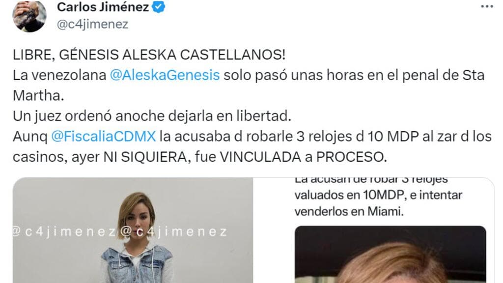El periodista Carlos Jiménez también informó que Aleska Génesis fue puesta en libertad tras ser detenida en México y llevada a prisión.