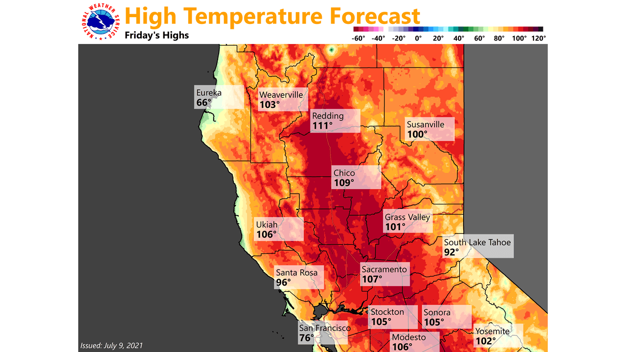 Este es el pronóstico de temperaturas para California este viernes. Como se ve en la imagen, las más altas se registrarán en el interior del estado, desde Modesto y Sonora hasta Redding.