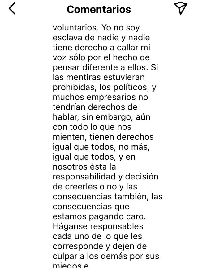 "Yo
<b><a href="https://www.univision.com/famosos/siganme-diciendo-drogadicta-paty-navidad-tiene-a-casi-5-000-usuarios-bloqueados-de-sus-redes-video" target="_blank">no soy esclava de nadie</a></b> y nadie tiene derecho a callar mi voz", sentenció la noche del 13 de enero.
<br>