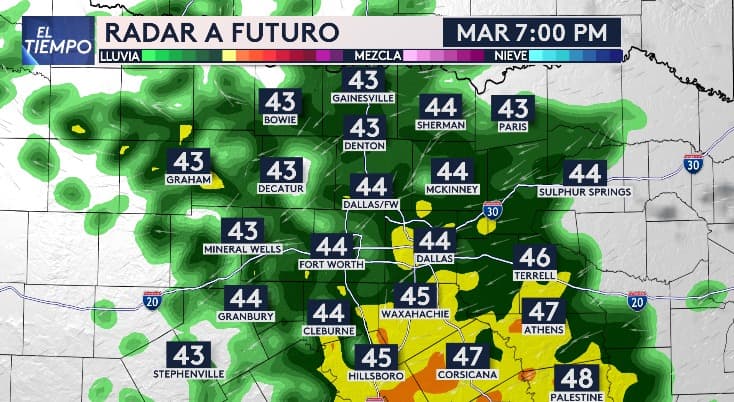 A eso de las 7:00pm, las lluvias se irán más fuerte hacia Corsicana y Palestine, pero seguirán algunas aisladas en Dallas - Fort Worth.