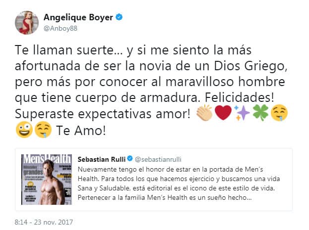 "Te llaman suerte... y si me siento la más afortunada de ser la novia de un Dios Griego, pero más por conocer al maravilloso hombre que tiene cuerpo de armadura. Felicidades! Superaste expectativas amor! Te Amo!".
