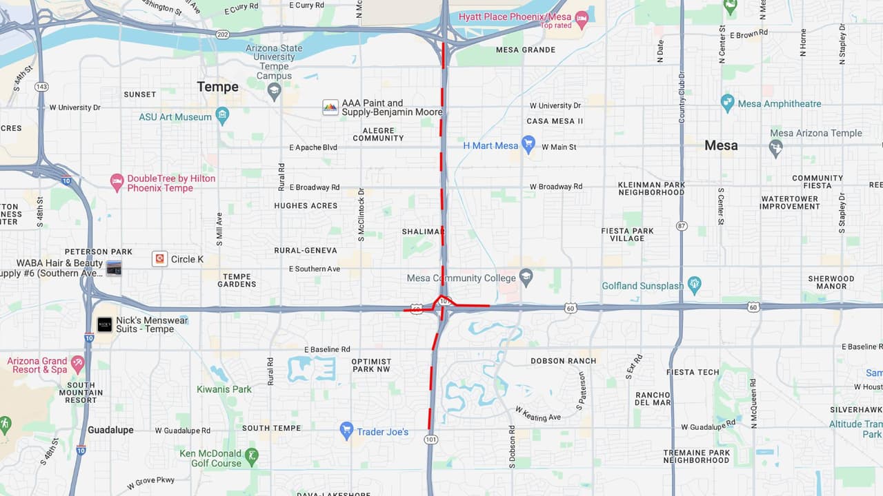 <b>Loop 101 sur</b>
<br>El Loop 101 en dirección sur se reducirá a dos carriles a la izquierda entre US 60 y Loop 202, en el área de Tempe/Chandler, de 9 p.m. a 5 a.m. el domingo 25 y lunes 26 de febrero.
<br>
<br>Ambas rampas de la US 60 hacia el Loop 101 en dirección estarán cerradas.
<br>
<br>
<b>Rutas alternas</b>
<br>Reduzca la velocidad e incorpórese de manera segura cuando se acerque y viaje a través de todas las zonas de trabajo. Esté atento a los equipos y equipos de la carretera.
<br>
<br>Para conocer las condiciones de las carreteras en tiempo real puede visitar la página del 
<a href="https://www.az511.gov/" target="_blank">Departamento de Transporte de Arizona</a>, o llamar al 511.