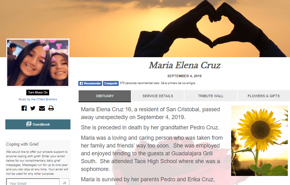 De acuerdo con un obituario publicado en la página de la funeraria De Vargas, María Elena era una persona "cariñosa y afectuosa" y trabajaba en Guadalajara Grill.