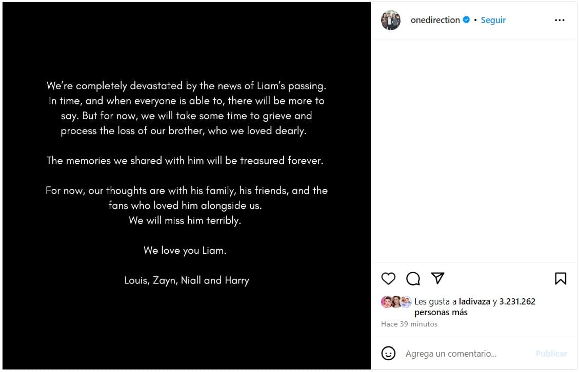 Harry Styles, Zayn Malik, Louis Tomlinson y Naill Horan emitieron un comunicado tras la muerte de Liam Payne.