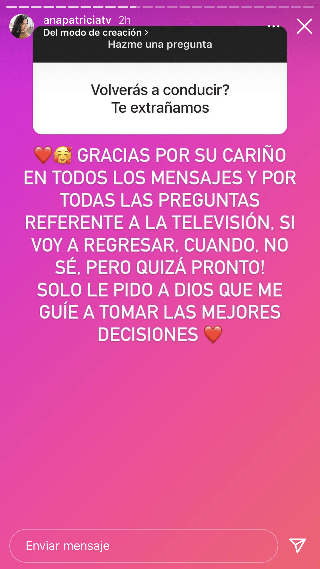 <b>"Sí voy a regresar"</b>, confirmó, para luego explicar que aún "no sabe" cuándo: "Solo le pido a Dios que me guíe a tomar las mejores decisiones". 
<br>
