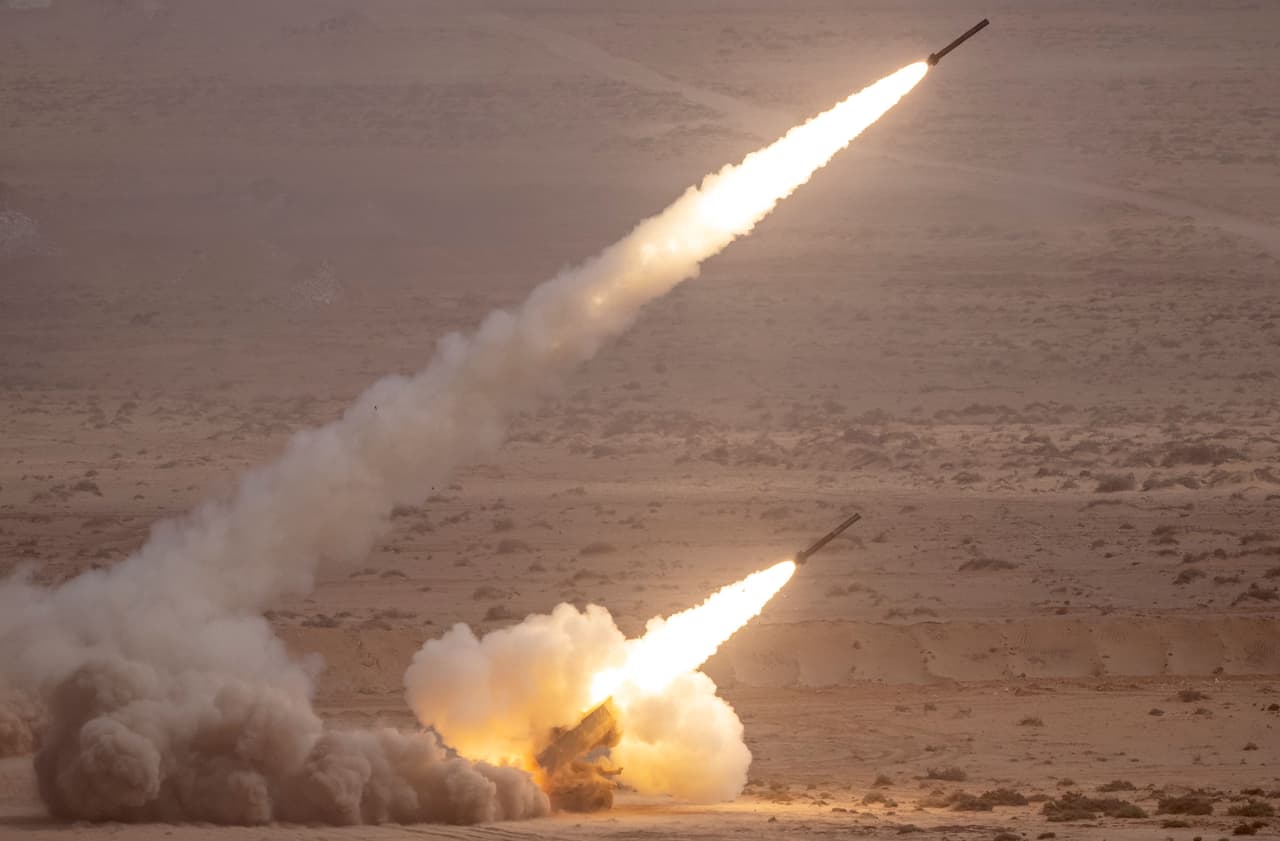 A US M142 High Mobility Artillery Rocket System (HIMARS) fires salvoes during the second annual "African Lion" military exercise in the Tan-Tan region in southwestern Morocco on June 30, 2022.