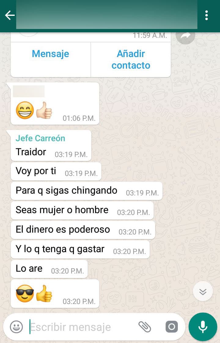 Después de que Univision contactara a Héctor Carreón para solicitar una respuesta a la nota, alguien identificado como "jefe Carreón" envió amenazas en el mismo chat, según los sindicalistas.
