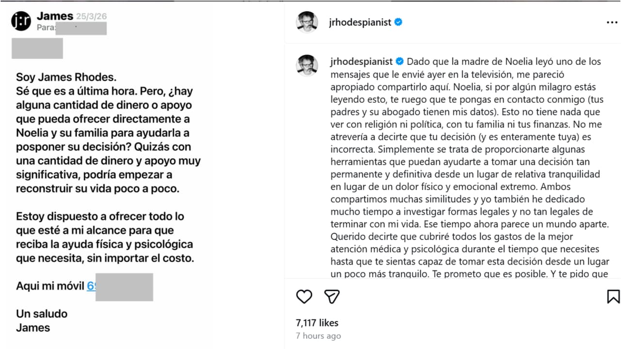 James Rhodes mandó un mensaje a Noelia Castillo Ramos y ofreció su ayuda.