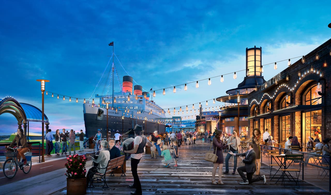 Una representación visual de ‘Queen Mary Island’, un proyecto que propone crear un complejo de entretenimiento en el sitio donde está anclado el transatlántico Queen Mary.