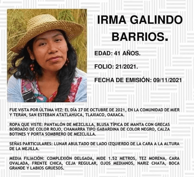 Tras 14 días de su desaparición, la Fiscalía General del Estado de Oaxaca (FGEO) emitió una ficha de Alerta Rosa para dar con el paradero de la defensora medioambiental, originaria de San Esteban Atatlahuca.