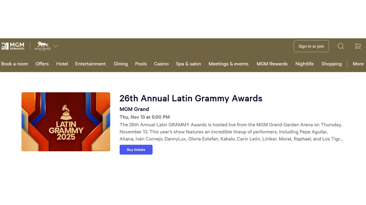 Compra boletos para Latin GRAMMY 2025 en la página de MGM Grand Garden Arena