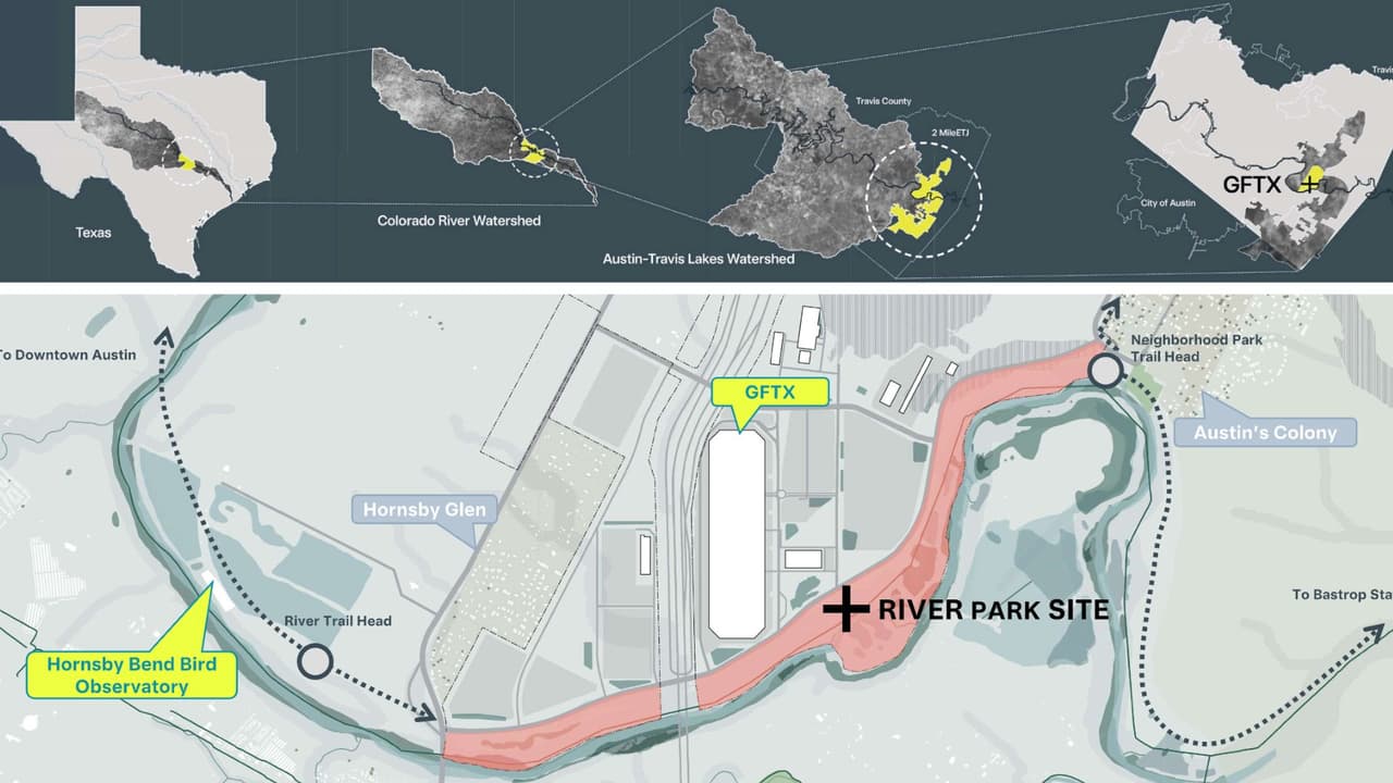 Otro mapa nos muestra la ubicación de la planta de Tesla y el parque, en el centro de Texas.