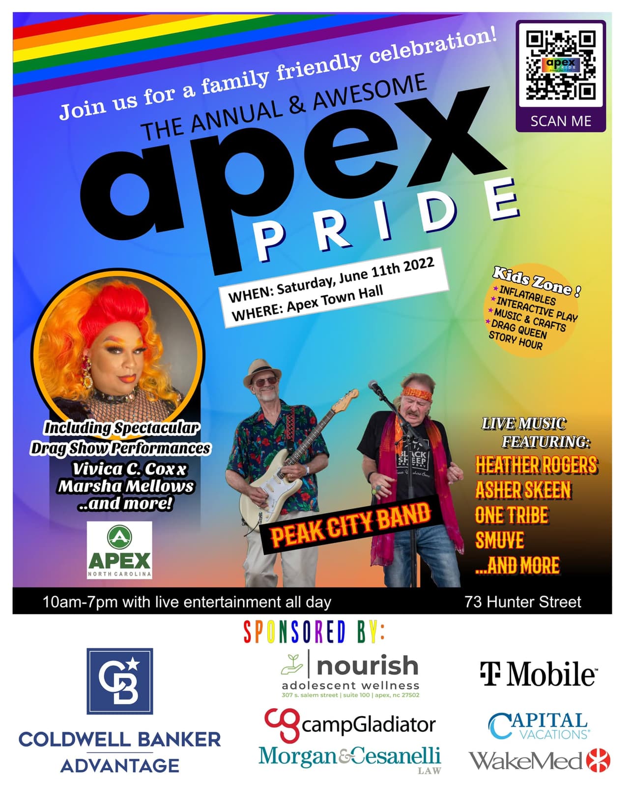 <b><a href="https://www.apexnc.org/1605/Pride-Festival">Apex Pride Festival (11 de junio)</a></b>. Apex es coanfitrión del Festival anual del Orgullo de Apex en honor y celebración de los miembros de la comunidad LGBTQ+. Un día familiar de inclusión, música, comida, juegos, vendedores y actividades infantiles.