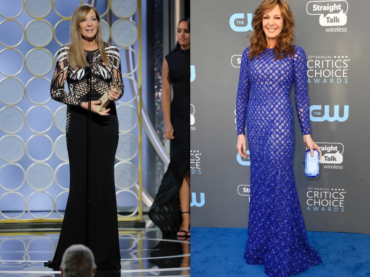 La coprotagonista de la serie de comedia 'Mom', Allison Janney, optó por un brillante vestido azul de Michael Cinco.