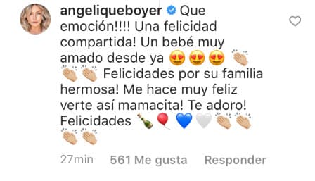 "¡Qué emoción! Una felicidad compartida. Un bebé muy amado desde ya. Felicidades por su familia hermosa. ¡Me hace muy feliz verte así mamacita! Te adoro. Felicidades", escribió la actriz.