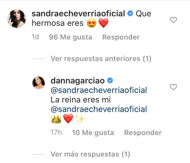 La actriz le escribió: 
<b>"Qué hermosa eres"</b>. García le devolvió el cumplido: "La reina eres mi Sandra Echeverría". 
<br>
