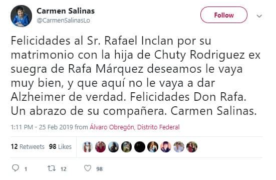 El 25 de febrero Carmen Salinas dio a conocer la noticia cuando le envió una felicitación a Rafael a través de su cuenta de Twitter.
<br>