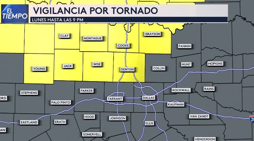<b>Vigilancia por tornado: </b>Hasta las 9 p. m., para los condados de 
<b>Denton, Wise, Hack, Young, Clay, Montague, Cooke y Grayson</b>. Esto indica que en las próximas horas podrían presentarse 
<b>condiciones favorables para la formación de tornados </b>en estos condados.