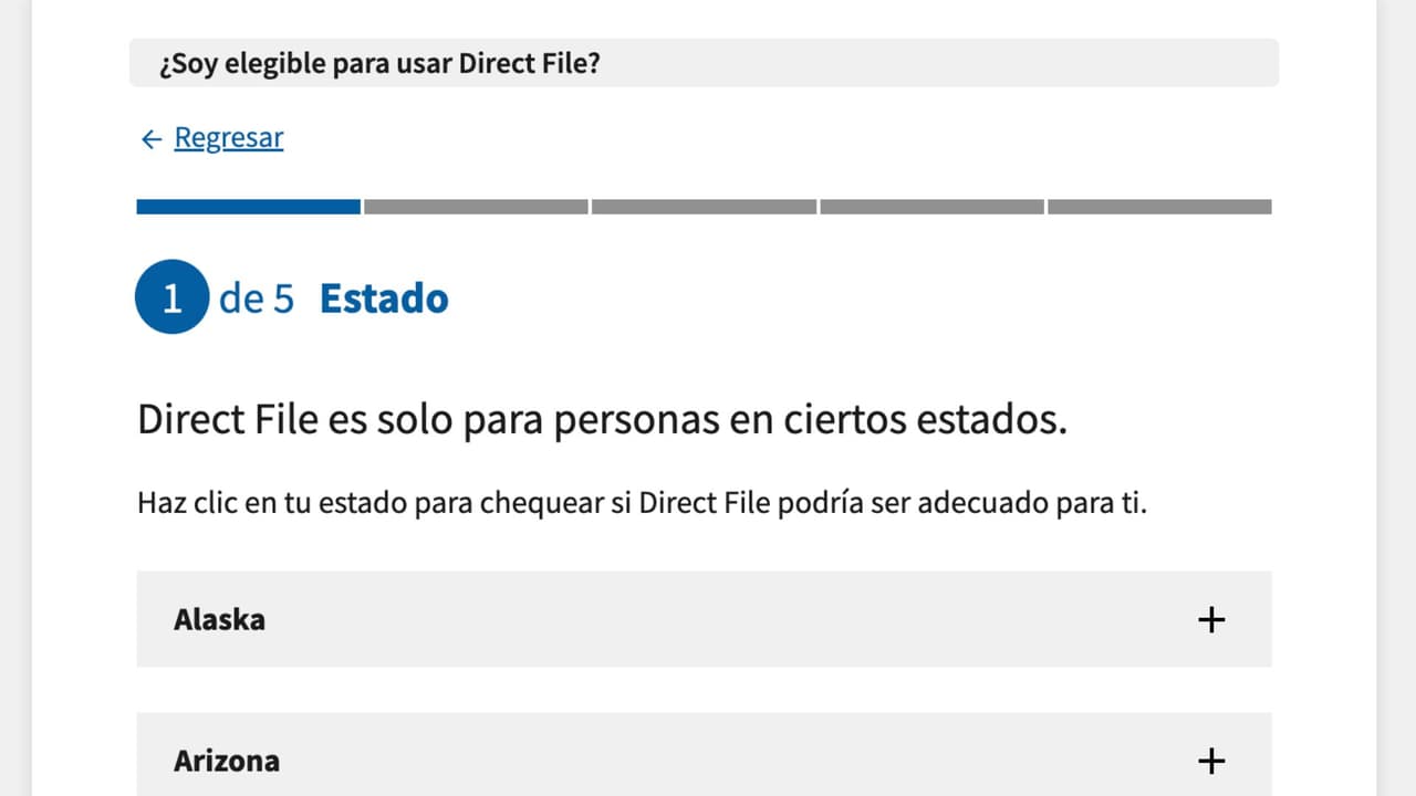 Para verificar tu elegibilidad antes de comenzar con todo el proceso, dirígete a la página: https://directfile.irs.gov/. Puedes seleccionar la opción en español si es más fácil para ti.
<br>
<br>Lo primero que te pedirá es tu estado, dentro de los que califican para esta plataforma del IRS.