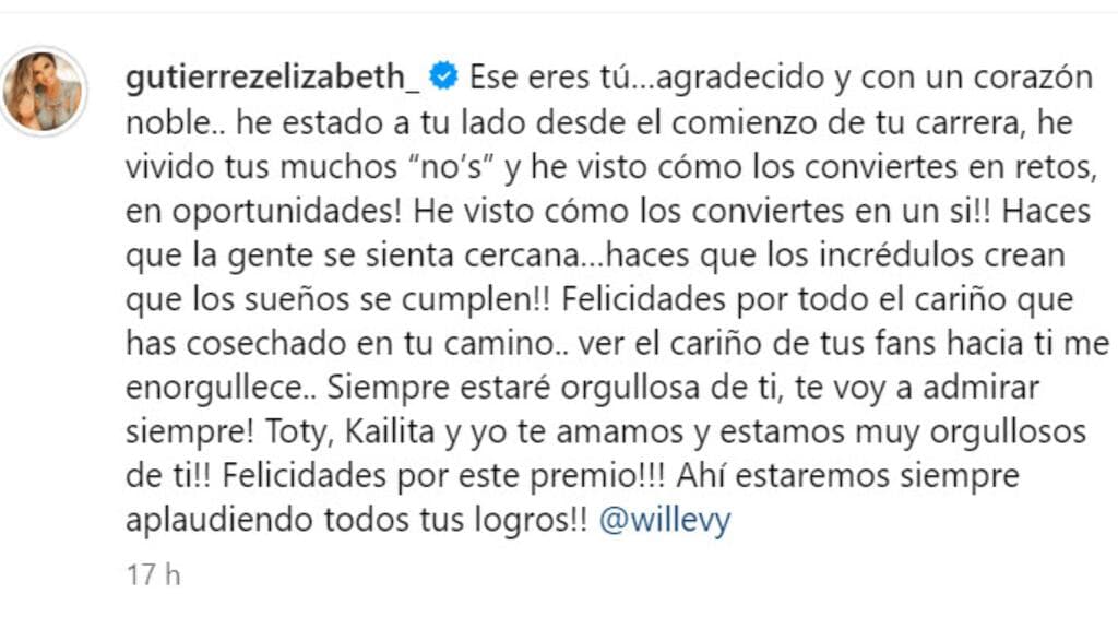 Elizabeth Gutiérrez declaró públicamente su admiración a William Levy con este mensaje en Instagram.
