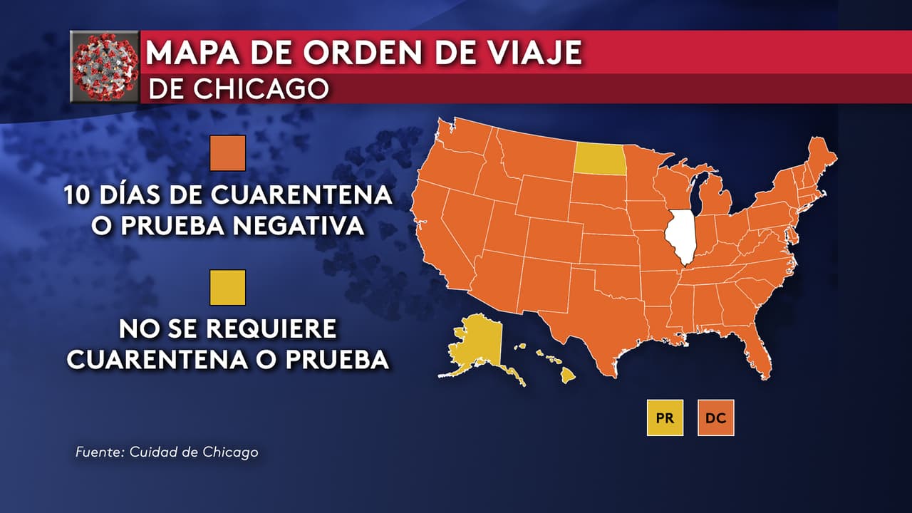 Como puede observar en este mapa, el listado de aislamiento obligatorio para viajeros que lleguen a Chicago todavía mantiene a 46 estados en color anaranjado.
