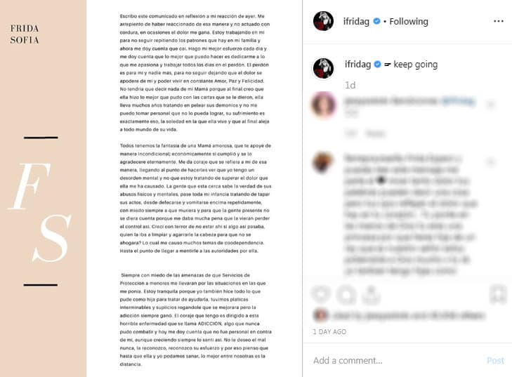 “El coraje que tengo es dirigido a esta horrible enfermedad que se llama adicción, algo que nunca pudo combatir y hoy me doy cuenta que no fue personal en contra de mí, aunque creciendo siempre lo sentí así. No le deseo el mal, la reconozco, reconozco su esfuerzo y por eso pienso que hasta que ella y yo podamos sanar, lo mejor entre nosotros es la distancia”, se puede leer en el documento.
<br>