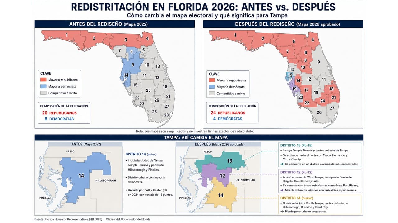 Tampa se divide en tres distritos, diluyendo el voto urbano que antes favorecía a demócratas en la región.