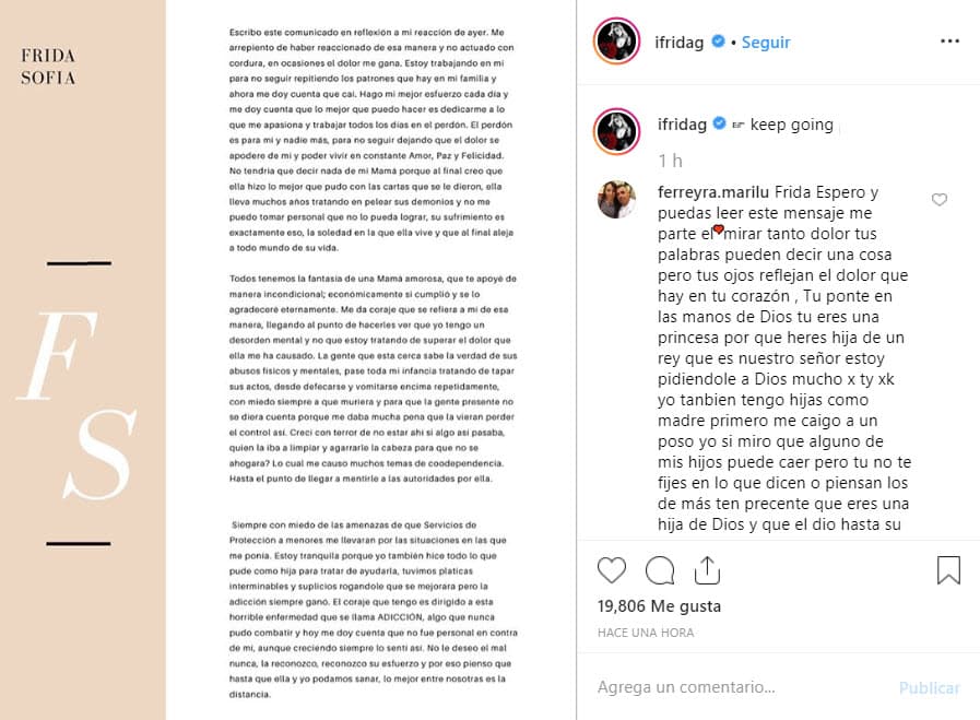 En la versión más extensa detalla su sentir ante la situación: "Escribo este comunicado en reflexión a mi reacción de ayer. 
<b>Me arrepiento</b> de haber reaccionado de esa manera y no actuando con cordura, en ocasiones el dolor me gana".