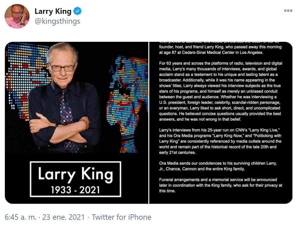 Aunque no se ha hecho pública la causa de su muerte, se sabía que el famoso presentador estaba hospitalizado desde el 2 de enero por
<b>covid-19</b>.
<br>