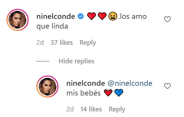 En la imagen, Ninel Conde escribió: "Los amo, qué linda", y luego agregó en otra respuesta
<b><a href="https://www.univision.com/entretenimiento/al-ex-de-ninel-conde-le-da-panico-que-su-hija-herede-su-bipolaridad-video/embed?simple" target="_blank">"mis bebés"</a></b>.
<br>