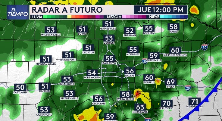 Durante el mediodía del jueves, 
<b>las lluvias aumentarán de intensidad en gran parte de la región</b>. Se mantendrán moderadas, sin embargo, en áreas cerca de Waxahachie y Corsicana, l
<b>a intensidad puede ser de moderada a intensa</b>.