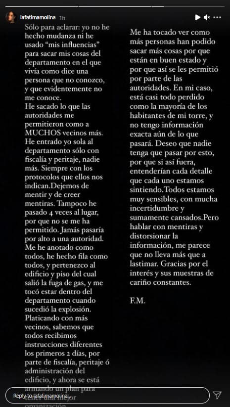 La protagonista de 
<a href="https://www.univision.com/temas/te-acuerdas-de-mi">Te Acuerdas de Mí</a> utilizó su cuenta de Instagram para aclarar la situación: "Yo no he hecho mudanza 
<b>ni he usado 'mis influencias'</b> para sacar mis cosas del departamento en el que vivía como dice una persona que no conozco, y que evidentemente no me conoce".
<br>