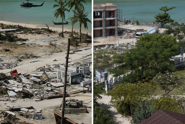 Un helicóptero aterriza con suministros de emergencia el 28 de diciembre de 2004 en Phi Phi Village. Diez años después, los trabajos de reconstrucción continúan.