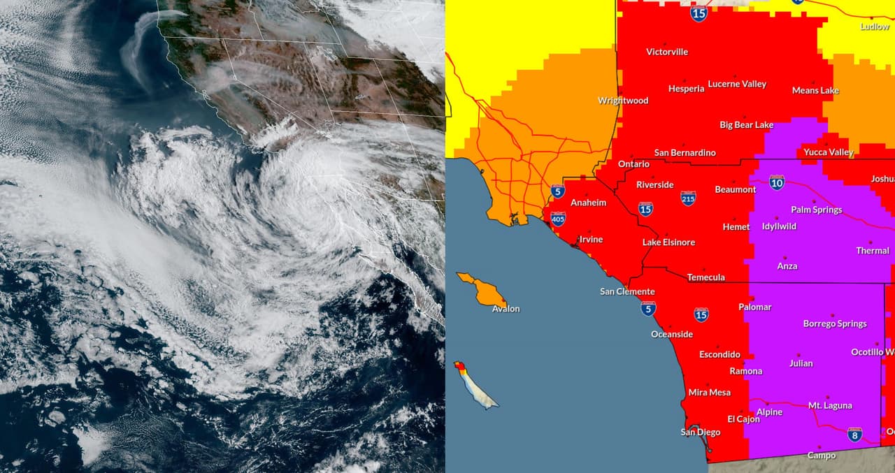Después de una semana de calor extremo, el tiempo cambiará drásticamente. Los remanentes del huracán Kay, ahora catalogado como una tormenta tropical, pasarán por el sur de California, dejando lluvia, vientos y posibles tormentas eléctricas.